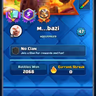 GOBLIN KISS EMOTE [] 20 MAX CARDS [] ARENA 21 [] 2 ELITES [] 3 EVO [] 8032 TROPHIES [] XP 47 [] KT14 [] 1195 GEMS [] 63 - Image 1