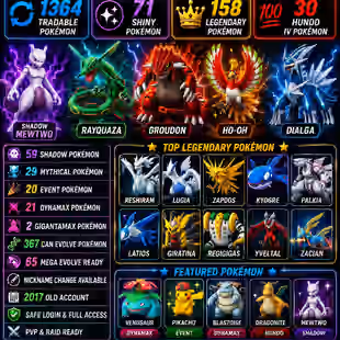  🎯OLD 2017 ACCT LEVEL 65 🐓 MEWTWO HO-OH | 1364 TRADABLE | 158 LEGENDARY / 71 SHINY | 30 HUNDO | RARE COLLECTOR INSTANT - Image 1
