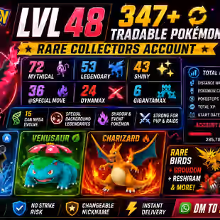 🎯LVL 48 | 347 TRADABLE 🐓| 72 MYTHICAL | GALARIAN MOLTRES | CHARIZARD  BLASTOISE  VENUSAUR | 24 DMAX | INSTANT - Image 1
