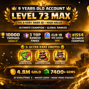 🎯9 YEARS OLD CR ACCOUNT | 10K TROPHIES  ARENA-25 👹| ULTIMATE CHAMPION 1554 | 7K GEMS  | 27 EVOS  | RARE EMOTES - Image 1