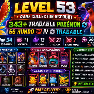 🎯HIGH DEMAND 56 HUNDO IV) LEVEL 53 💯 | 343 TRADABLE | 28 SHINY | 34 LEGENDARY | GMAX & DMAX | RARE COLLECTOR  - Image 1