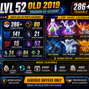 🎯OLD ACCT 2019 PG LVL 52 | SHINY MEWTWO LUGIA HO-OH 🐓| 80 SHINY | 141 LEGENDARY | 286 TRADABLE | 15 HUNDO |  RARE ACCT - Image 1