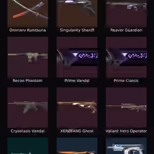EU - LVL 26 - Unranked - 1 Knife - 12 Skins (19,950 VP) Onimaru Kunitsuna, Singularity Sheriff, Recon Phantom, Prime Va - Image 1