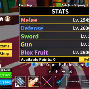 Blox Fruits Lv.2583 | Angel V4 | Kitsune + T-Rex + Mammoth + Dough + Tiger PERM | Dark Blade + CDK | 40 Swords | Electri - Image 1