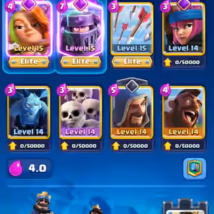 9 MAX CARDS ⚡ ARENA 24 💎 3 ELITES [] 5 EVO [] 9686 TROPHIES [] XP48 [] KT14 [] 1389 GEMS [] 52 EMOTES [] INSTANT - Image 3