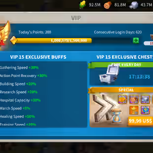 65M - Full T5 -  Vip 15 - Max 11 Commanders - 17 Passports - 28M credit   - 2 farm - 23k gems - Image 3
