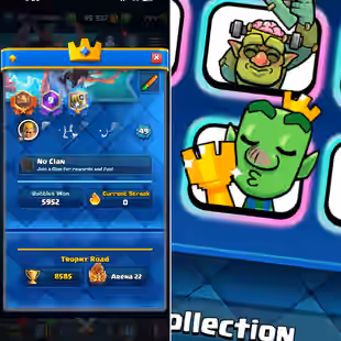 RAREST GOBLIN TROPHY KISS 🏆24 MAX CARDS 💎 ARENA 22 [] 8585 TROPHIES [] XP49 [] KT14 [] 794 GEMS [] 58 EMOTES [] 9 - Image 1