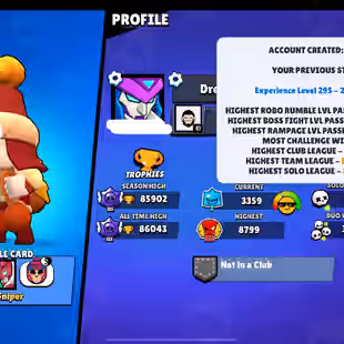 💥TROPHY 85875 💥BRAWLER 91 [] MAXED 91 [] HYPER 30 [] SKINS- 292 [] GEMS 78 S1 - Image 2
