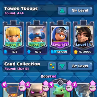 9 MAX CARDS ⚡ ARENA 24 💎 3 ELITES [] 5 EVO [] 9686 TROPHIES [] XP48 [] KT14 [] 1389 GEMS [] 52 EMOTES [] INSTANT - Image 7