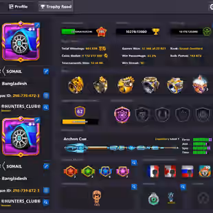 Unlimited Password Change Account | Level 385 | 1.1 Billion Coins | 17 Legendary Cues | Login Miniclip | Status- Alert - Image 1