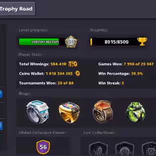 56 CCP | LEVEL 436 | High Level | 1 Billion Coins | 17 Legendary Cues | Unlimited Password Change Miniclip | Android-iOS - Image 1