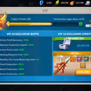 75M - Vip 16 - 12  Commanders - 73 Passport - 3M3 Credit - 810 Gold head - 15K Gems  - 3 Farms - 2 Skin house - Image 1