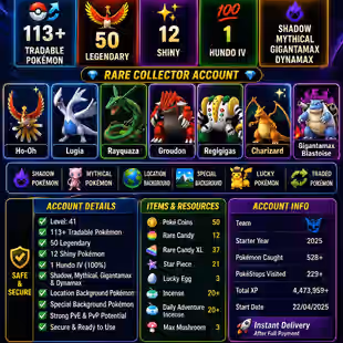 🎯LEVEL 41 PG ACCT | SHINY RAYQUAZA HO-OH / 113 TRADABLE | 50 LEGENDARY | 13 SHINY | 1 HUNDO 💯 | RARE COLLECTOR - Image 1