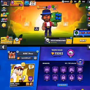 Billing 58K [] Brawler 101/101 [] Trophy 73K [Max Brawler 75] Hyper 65 [Availabele Make 75 Hyper instant] Skins 350 BEST - Image 1