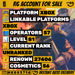 XBOX Level 81 2 BLACK ICE 54 SKINS Unranked 57 OPERATORS 27406 Renown Ready Ranked ... ! MKG03714 - Image 1