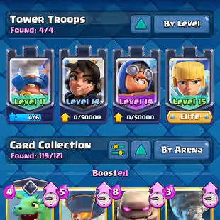 PREMIUM LVL 61 💎 6414 GEMS 💎109 MAX CARDS [] ARENA 20 [] 26 ELITES [] 18 EVOS [] 7905 TROPHIES [] 86 EMOTES [] INSTANT - Image 5