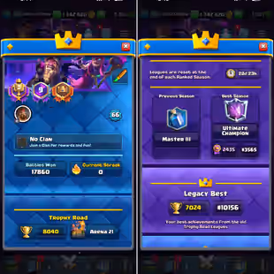 GLOBAL RANKS - ROYAL GEM EMOTE 💎 118 MAX CARDS ⚡ 55 ELITES [] LEVEL 66 [] UC [] 15 EVOS [] 8040 TROPHIES [] KT15 - Image 1