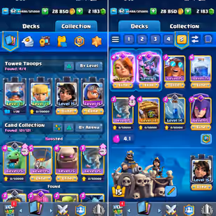 🔥 115 MAX CARDS 🔥 ARENA 24 [] 29 ELITES [] 16 EVOS [] 13800 TROPHIES [] XP62 [] KT15 [] 2183 GEMS [] 112 EMOTES - Image 4