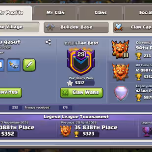 GLOBAL RANK 423 ! TH18 MAX TYPR ! 36300 LEGEND CUPS ! 37 EQUIPMENT MAX ! FREE NC ! WAR STAR 5300 ! LEGEND RANK  - Image 1