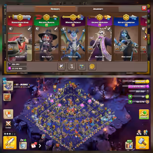 🔥 BOTH VILLAGE FULL MAXE 🔥 43/43 EQUIPMENT MAXED | HIGH XP 232 | 27 SCENERY & 83 HERO SKINS | COSMIC / DESERT FULL SET - Image 1