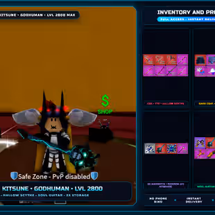 | Blox Fruits Account | Max Lv 2800 | Eaten Kitsune | Godhuman | CDK | TTK | Hallow Scythe | Soul Guitar | Dark Coat | - Image 1