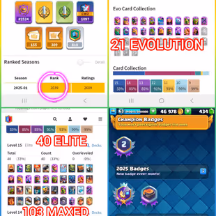 JD]🍓 TOP RANKED  SEASONAL ARENA 24  10000 TROPHIES 💯| 103 MAX CARDS | 21 EVO | RARE EMOTES | EXCLUSIVE TOWER SKINS   - Image 1