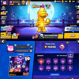 Trophy 70k💎Gems 529💎101x Brawler [] Max 46x [] Hyper 46x [] Total Skins 377x [] Player Icones 476x [] NC-Yes [] Best-D - Image 2