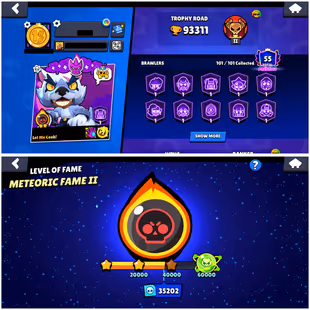 [ PREMIUM #1 ] METEORIC FAME 2 | 93K TROPHIES | 101 BRAWLERS MAX | 101 HYPERCHARGED | 38 BUFFIES | 382 SKINS | 708 GEMS  - Image 1