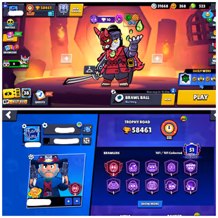  523 GEMS | 101/101 BR | 58.4K TROPHY | 54 MAX [ 49 HYPERCHARGED ] | 15 BUFFIES | 56 TITLES | 308 SKINS  - Image 2