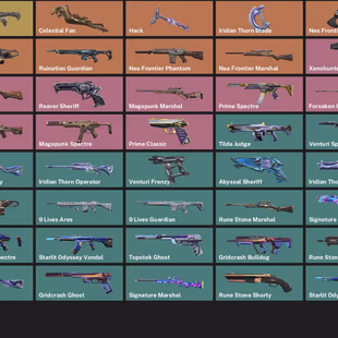 NA - LVL 75 - UNRANKED - 4 KNIVES - 57 SKINS (54,675 VP) Celestial Fan, Iridian Thorn Blade, Neo Frontier Axe, Singular - Image 3