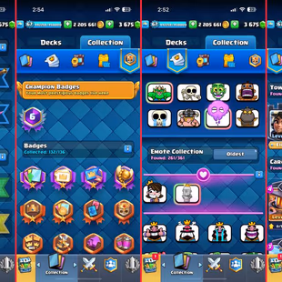 FULL EVOS [] 73 ELITE [] 119 MAX CARDS [] 58 TOWER SKINS [] 261 EMOTES [] LVL 67 [] 3675 GEMS [] ARENA 23 | 67 Xp - Image 5