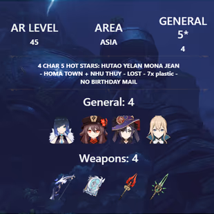 R160-ASIA-AR45-4 Char 5 stars HOT-Yelan-Mona-Hutao-Jeans-Weapon: 4-TRAN HOMA-NHU THUY-DEVASTATED-7x - Image 1