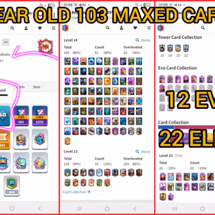 🎁FLASH SALE 7 YEAR OLD  ACCT🎯 ARENA 23[]KT 15-XP 60 [] 9280 TROPHIES [] 103 MAX- 22 ELITE- 12 EVO 164 EMOTES[]12 SKINS - Image 1