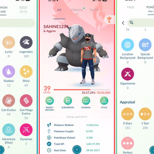 2 LUGARIO PIKACHU - 36 COSTUME - LEVEL 39 [] LEGENDARY 189 []  SHINY 69 [] POKEMON 964 []  RENAME- YES [] TEAM VALOR - Image 1