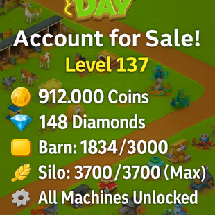 Hay Day Level 137 🔥Barn 3000 🔥Silo 3700 | Full Machines  Pets | 148 Diamonds - Image 1