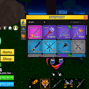 Lvl 564 Shark Race  6 PERM Fruits (Tiger, Portal, Flame, Rocket, Blade, Spike)  12 Fruits in Inventory Saber | Trid - Image 1