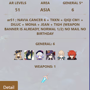 R184-ASIA-AR51-Navia element 6-Tighnari-Qiqi element 1-Mona-Jean-Diluc-Weapon: 1 - Image 4