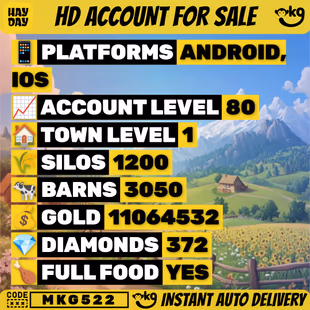 🌾 Hay Day • LVL 80 • 🧺 Barn: 3050 • 🏚️ Silo: 1200 • 💎 372 Diamonds • 💰 11,064,532 Coins • 📜 Land Deed & Marke...! MKG522 - Image 1