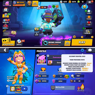 33K Trophies | 69/99 Brawlers | 12 Max Brawlers - 7 Hypercharged | 125 Skins | 247 Pins | 169 Icons | 84 Sprays - Image 3
