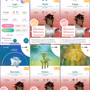 2 LUGARIO PIKACHU - 36 COSTUME - LEVEL 39 [] LEGENDARY 189 []  SHINY 69 [] POKEMON 964 []  RENAME- YES [] TEAM VALOR - Image 7