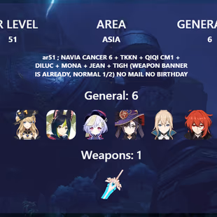 R184-ASIA-AR51-Navia element 6-Tighnari-Qiqi element 1-Mona-Jean-Diluc-Weapon: 1 - Image 1