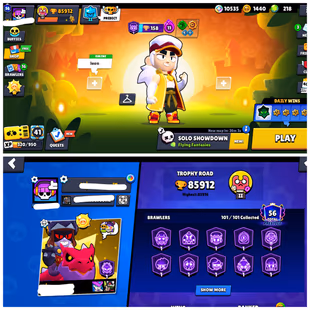  218 GEMS | 101/101 BR | 85.9K TROPHY | 54 MAX [ 49 HYPERCHARGED ] | 334 RARE SKINS | 59 TITLES | 56 MAX RANK  - Image 1