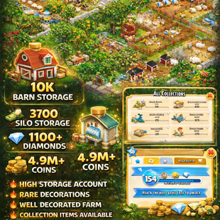 🎯NEW STOCK💎LEVEL 154 ACCT () 10K BARN () 3700 SILO ()1129 DIAMONDS () 5 MILLIONS COINS () INSTANT DELIVERY - Image 1