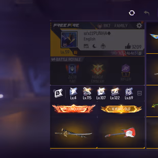 X188|Lvl 59|CONQUEROR TITLE|44 CHARACTER|148 COSTUME(7 MYHTIC)|40 VEHICLE|158 WEAPON(20 MYTHIC)|STORMY ASCER M4A1|MIDNIG - Image 3