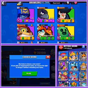 🎯30100 Trophies 💎 66 Brawlers | 52 Skins | 148 Collector Pins | 157 Icons | Rename Available | Instant Delivery - Image 2