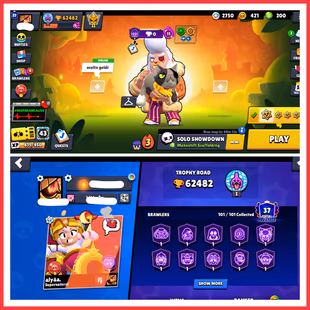  101/101 BR | 200 GEMS | 62.4K TROPHY | 39 MAX [ 29 HYPERCHARGED ] | 285 RARE SKINS | 37 MAX RANK BRAWLERS  - Image 1