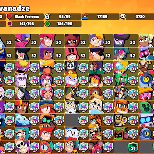 96K Trophies LVL200 | 98/98 Brawlers | 73 Max Brawlers - 63 Hypercharge | 338 Skins | 897 Pins | 385 Icons | 222 Sprays - Image 1