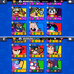 96K Trophies LVL92 | 98/99 Brawlers | 34 Max Brawlers - 27 Hypercharge | 315 Skins | 737 Pins | 337 Icons | 207 Sprays  - Image 5