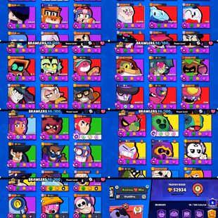 52.9K TROPHIES | 98 BRAWLERS | 54 MAX BRAWLERS | 52 HYPERCHARGES | 303 SKINS | 4 PRESTIGE | 16 BUFFIES - Image 1