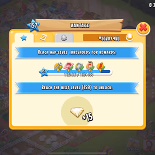 LEVEL 157 [] DIAMONDS 1038 [] BARN 10050 [] SILO 7300 [] VOUCHERS  [] COINS 8.3 M [] MAINLAND UNLOCKED - Image 6